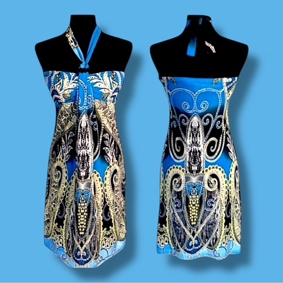 CHELSEY Strapless Halter Sundress in Blue and white Paisley M - Picture 1 of 10